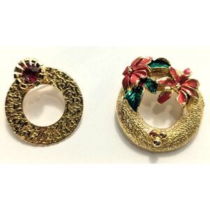 Poinsettia Gold Round and Red Rhinestone Gold Round Brooches.
